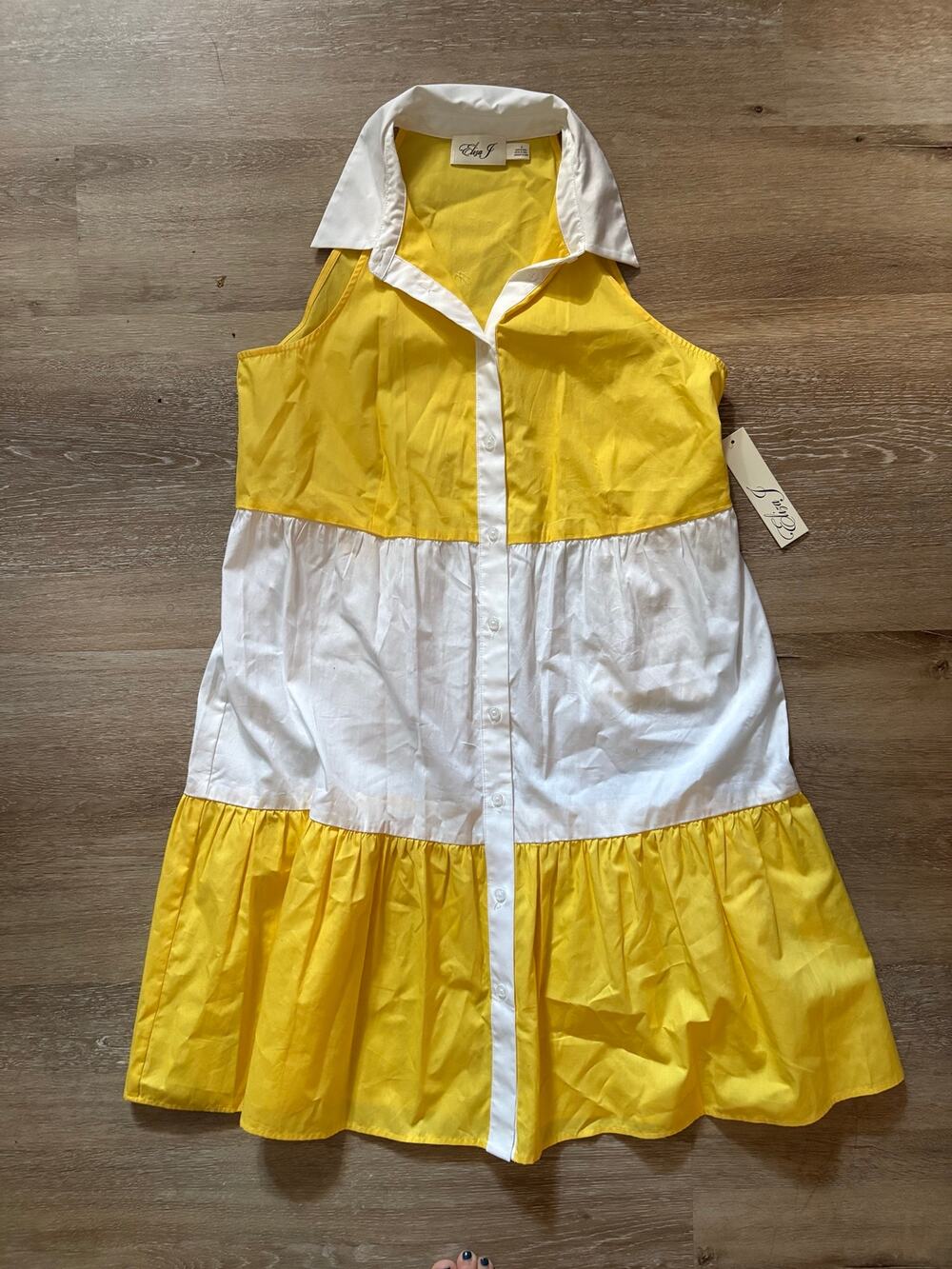 NWT Eliza J Cotton Tiered Colorblock Sleeveless Shirt Dress Yellow White